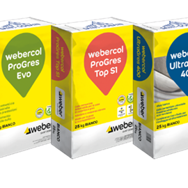 Cover image for White cementitious tile adhesive webercol ProGres Evo webercol ProGres Top S1 webercol UltraGres 400
