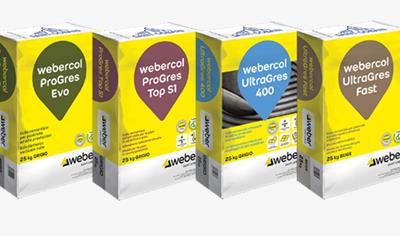 Cover image for Grey cementitious tile adhesive  webercol ProGres Evo webercol ProGres Top S1 webercol UltraGres 400 webercol UltraGres Fast