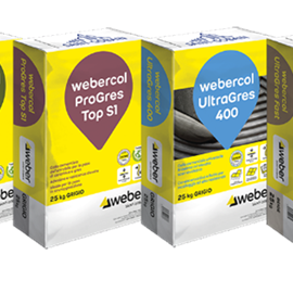 Cover image for Grey cementitious tile adhesive  webercol ProGres Evo webercol ProGres Top S1 webercol UltraGres 400 webercol UltraGres Fast