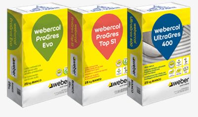 Cover image for White cementitious tile adhesive webercol ProGres Evo webercol ProGres Top S1 webercol UltraGres 400