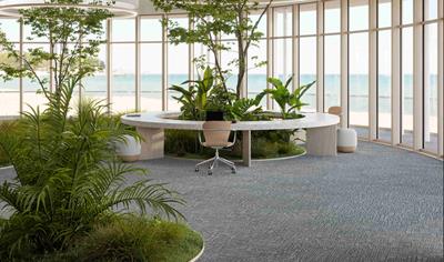 Cover image for MOMENTUM tufted carpet tiles made of recycled pile material and biobacking